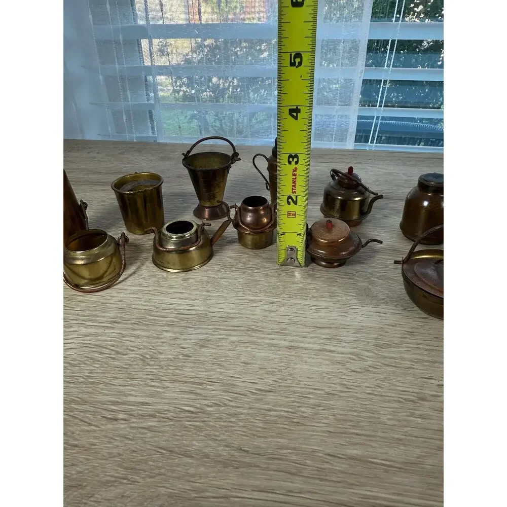 Vintage Japan Miniature Brass Copper Kitchenware Lot, 12pc Dollhouse Decor
